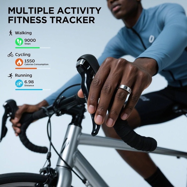 A high-contrast lifestyle image featuring a smart ring worn by a cyclist, overlaid with a clean, color-coded dashboard showing real-time fitness metrics.